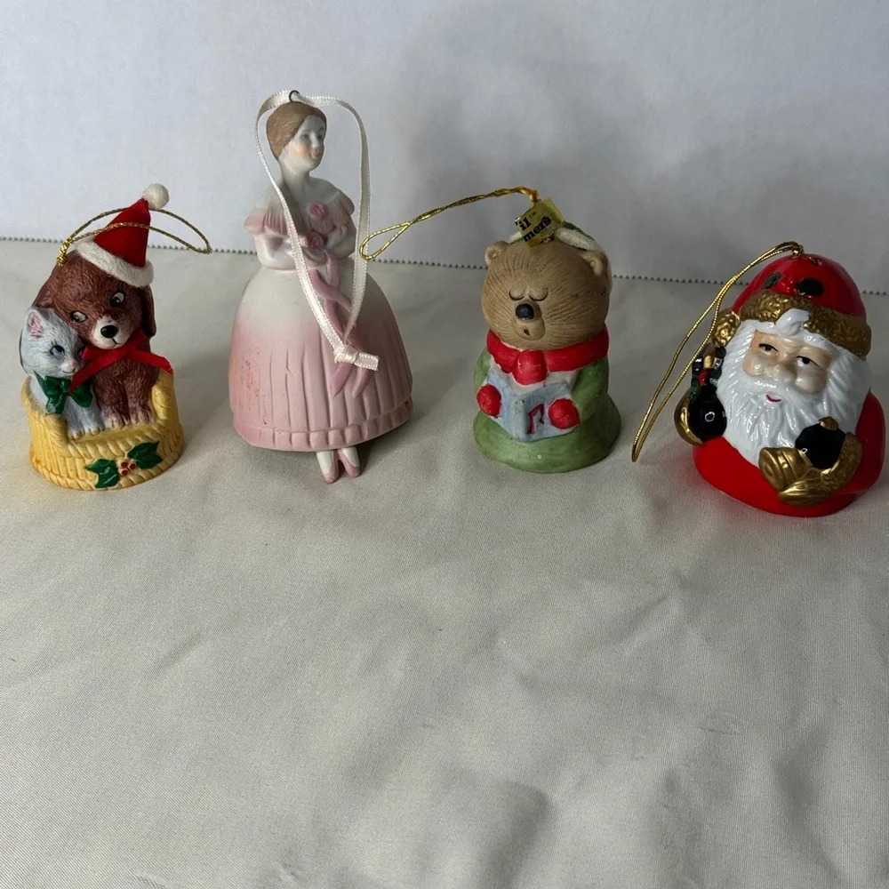 Lot 4 VTG Porcelain Bell Ornaments Jasco Santa‎ Bear Girl Dog Cat Christmas